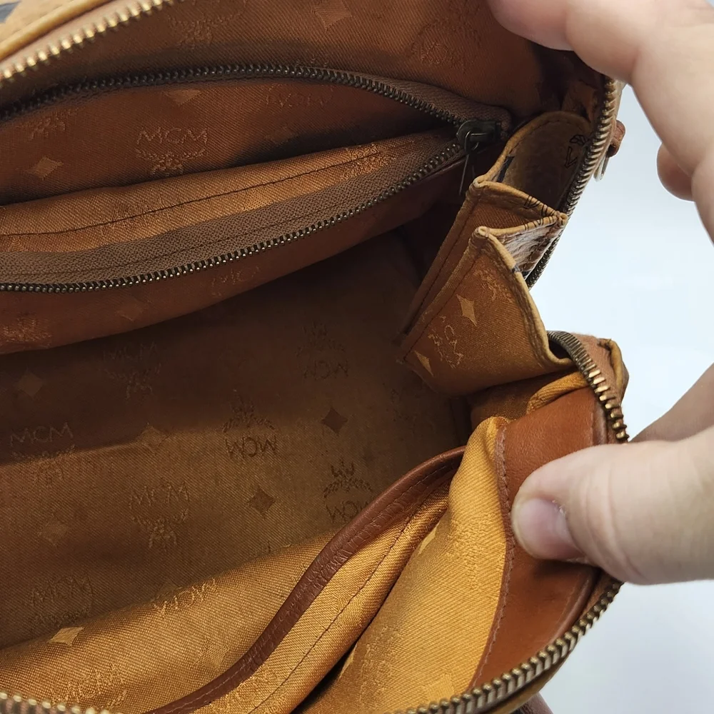 MCM Cognac Brown Monogram Satchel with Gold Hardware